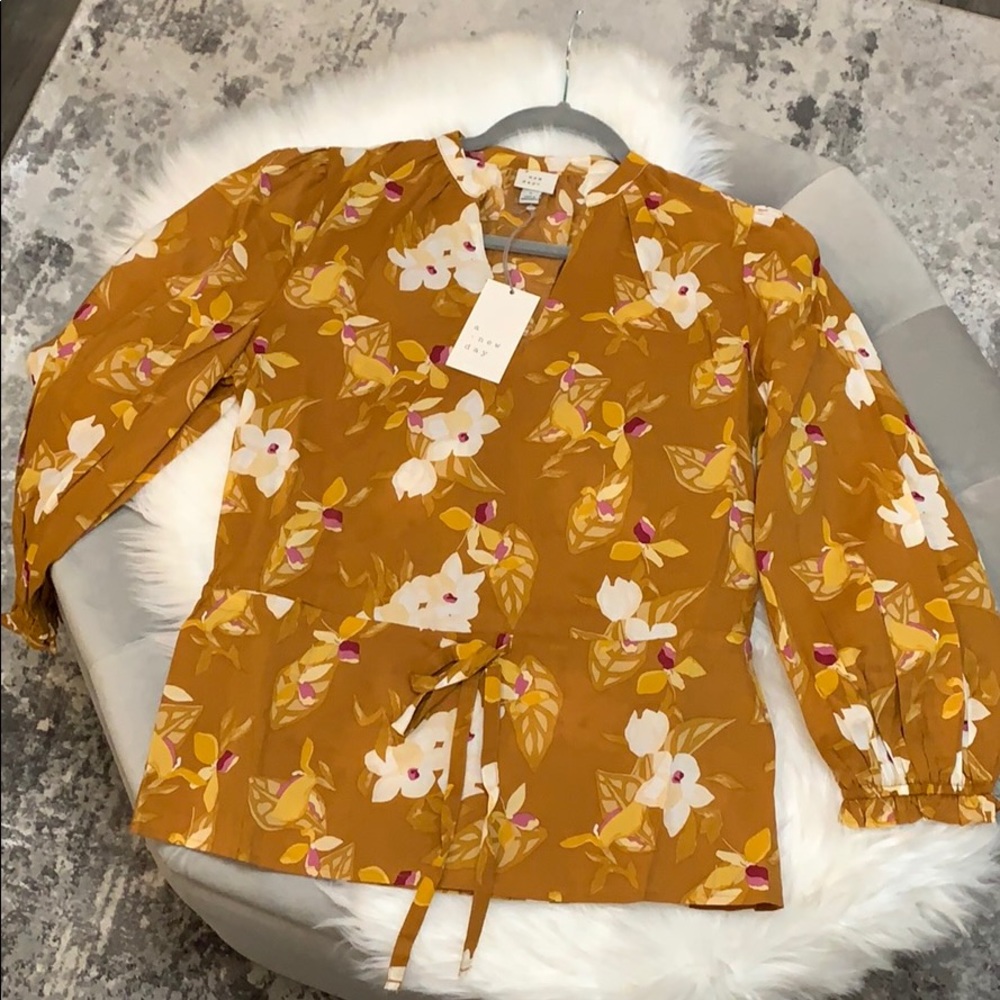 NEW! A New Day Brown Floral Drawstring Waist Top - Picture 1 of 7